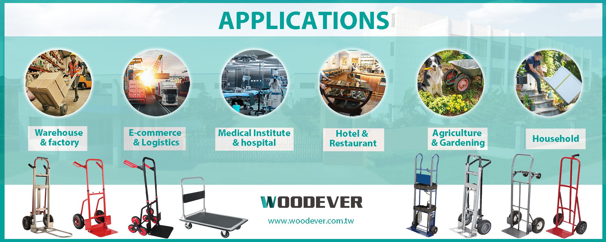 Hand truck applications in various industries such as logistics, medical, hotel and restaurant 