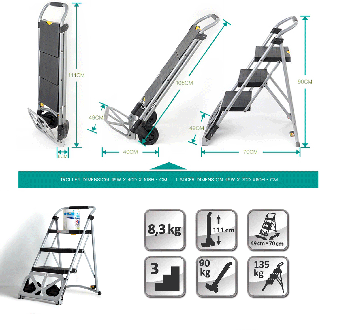 Carretilla de mano plegable convertible 2 en 1 con dimensiones de escalera de mano