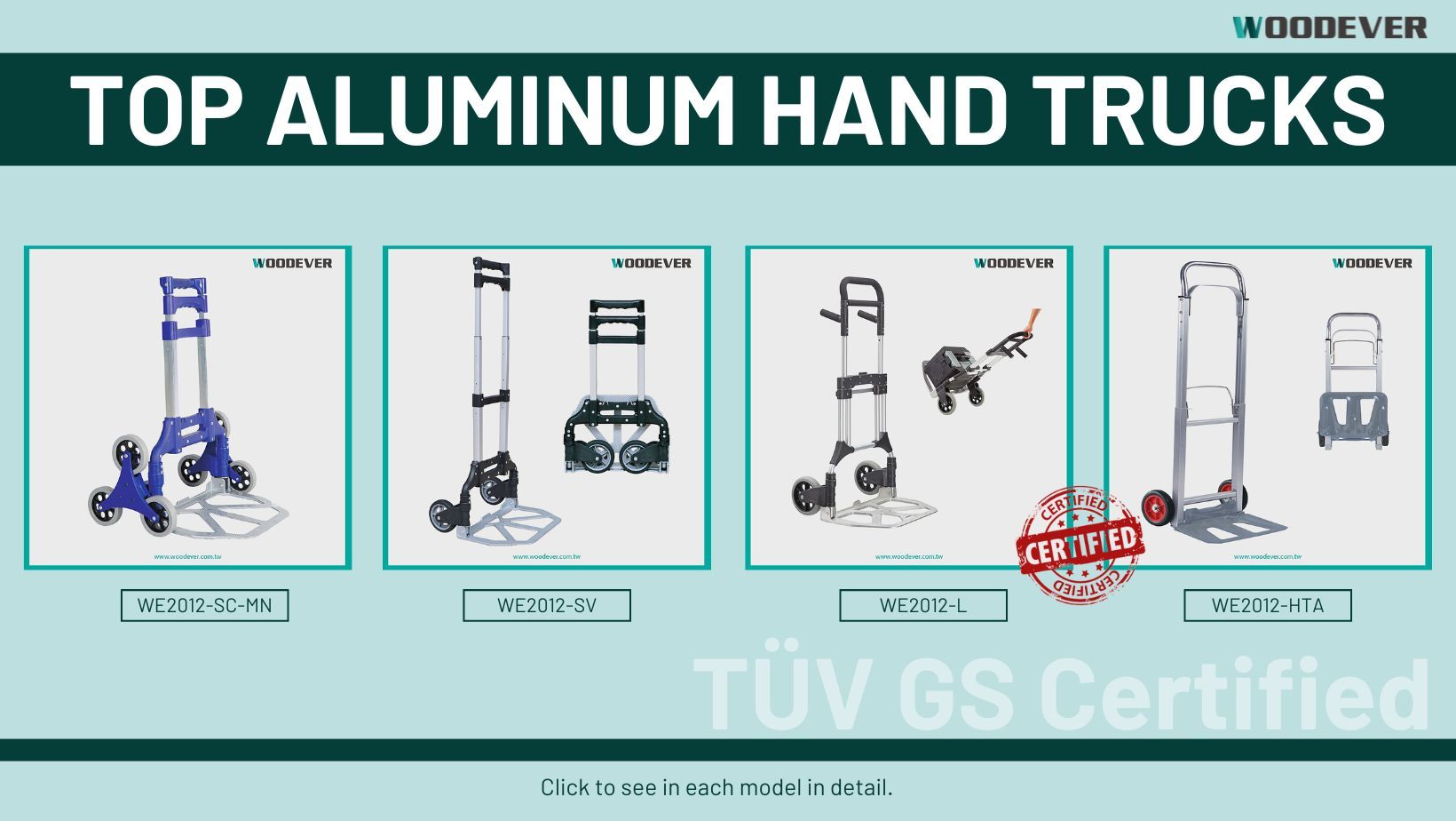 A WOODEVER oferece 8 tipos de carrinhos de alumínio, com capacidades de 70 kg (154 lbs) a 200 kg (440 lbs), para atender às necessidades de cargas leves e pesadas.