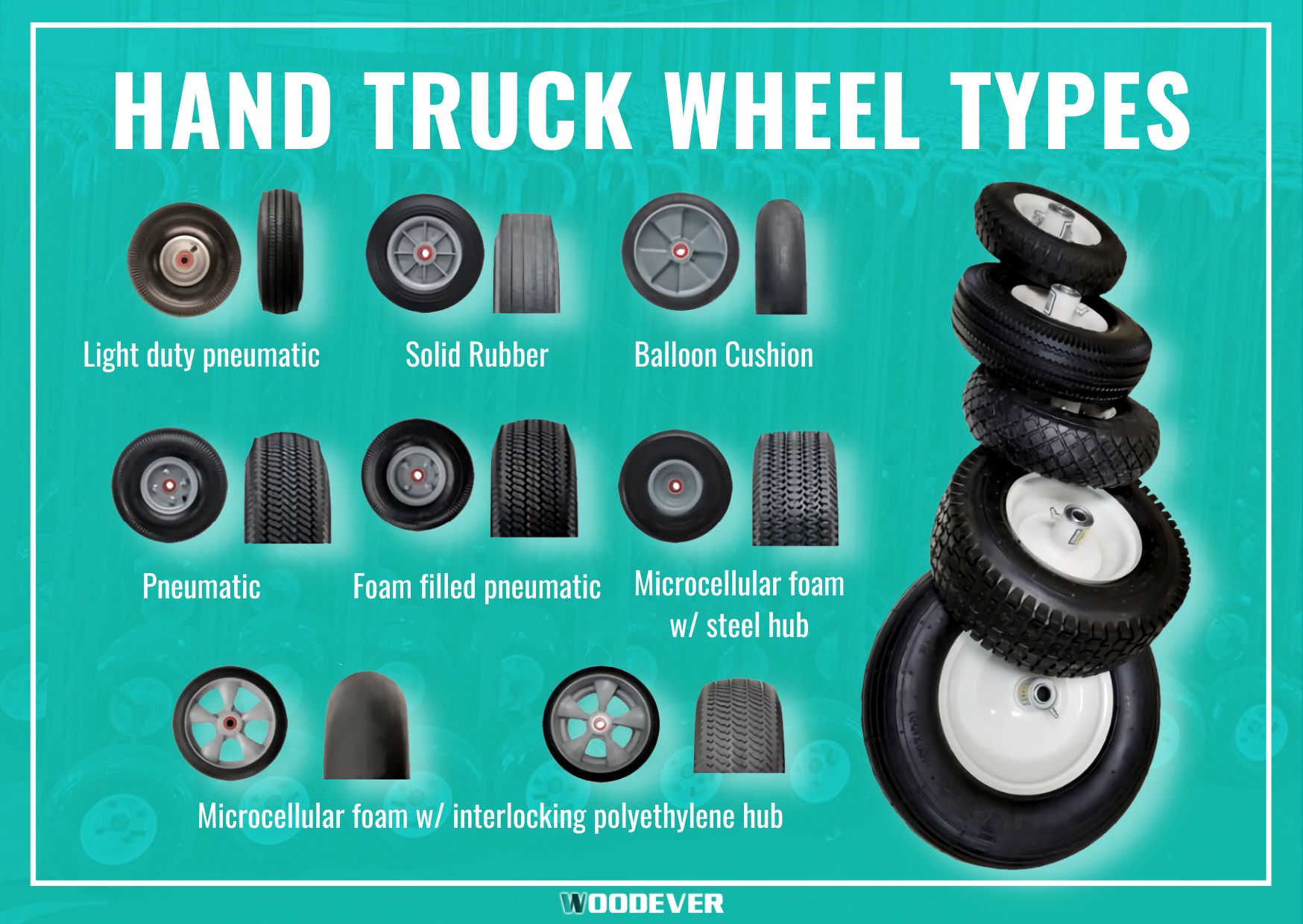 Tipos de rodas para carrinho de mão para manuseio de itens.