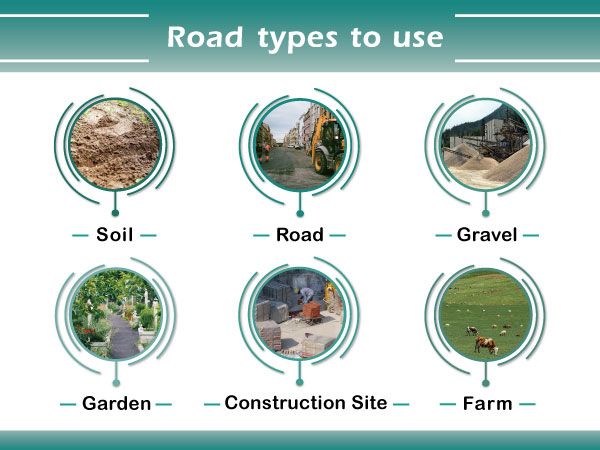 O carrinho de jardim é para uso em estradas de concreto, estradas de cascalho e estradas de terra.