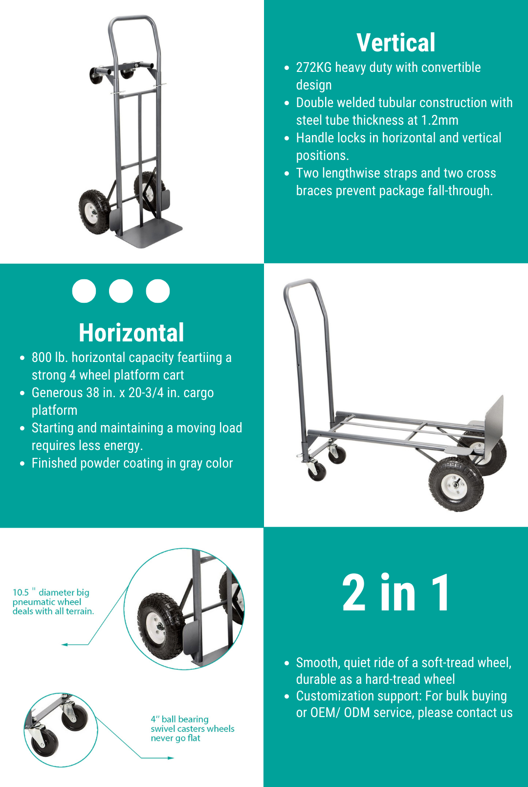 Nouveaux diables en acier convertibles 2 en 1 de 600 lb et 800 lb, robustes