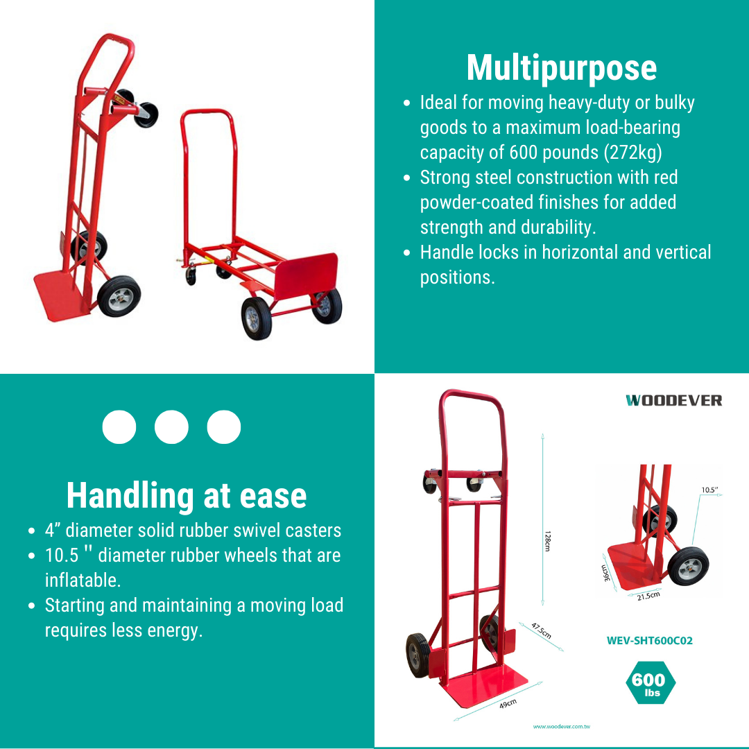 As a top-sale product in WOODEVER's hand truck series, this convertible 2 n 1 hand truck allows 600 lb capacity both vertically and horizontally. Front-line workers can quickly transition from a 2-wheel upright hand truck to a 4-wheel platform cart