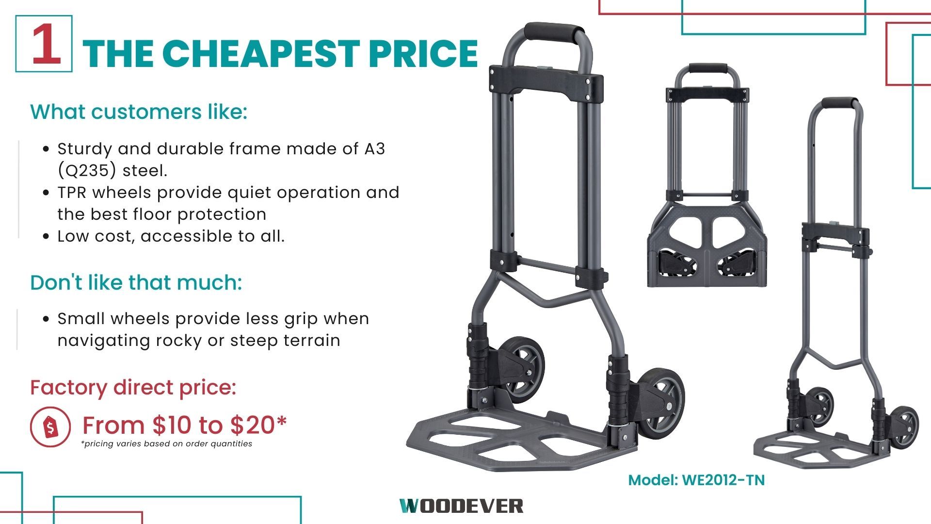 Cheapest steel hand trolley with GS-certified has a 165 lbs capacity, durable construction, and is suitable for both commercial and household use.