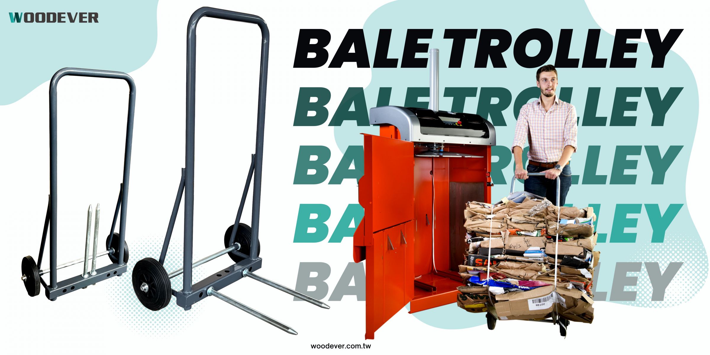 This customized trolley is a so-called BALE TROLLEY as it goes in set with baler machines.  The bale trolley function is to pull the stack of items (typically cardboard, plastics, papers, or cans) from the baller machines and transport them to warehouses or storage.