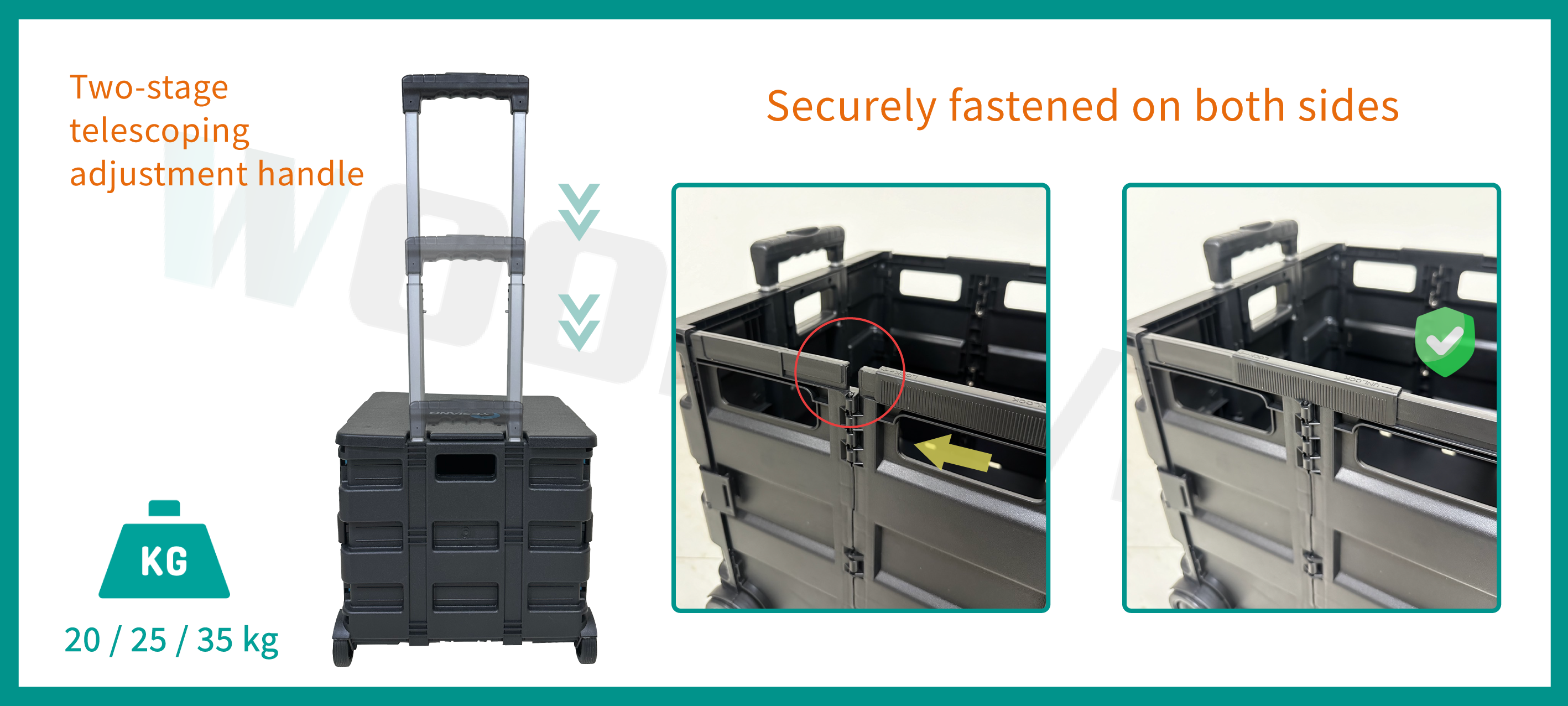 The storage box cart features a two-stage handle design that can be adjusted according to the user's height. On both sides of the cart, there are safety buckle designs, making it sturdy and durable, and preventing items from falling out.