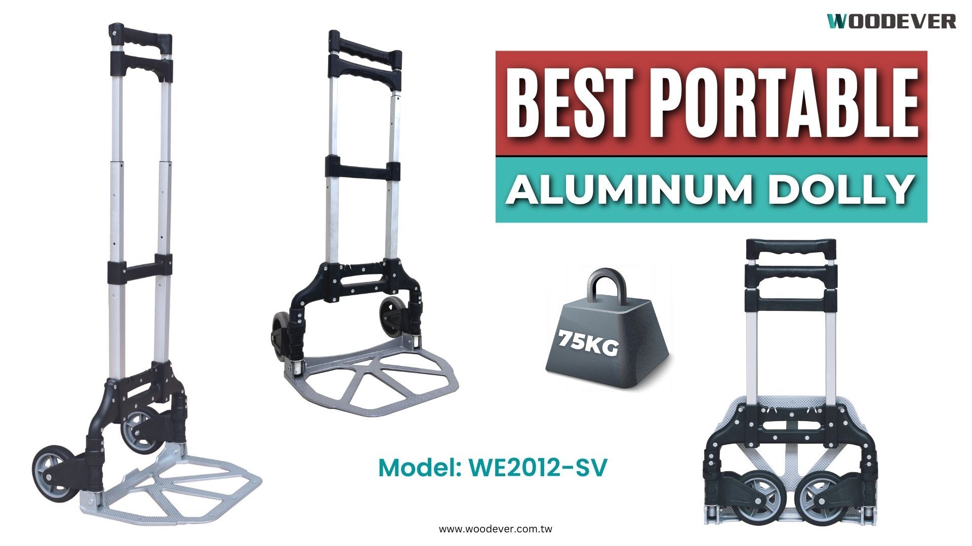 75 kg (165 lbs) capacity folding aluminum dolly cart with telescopic handle.