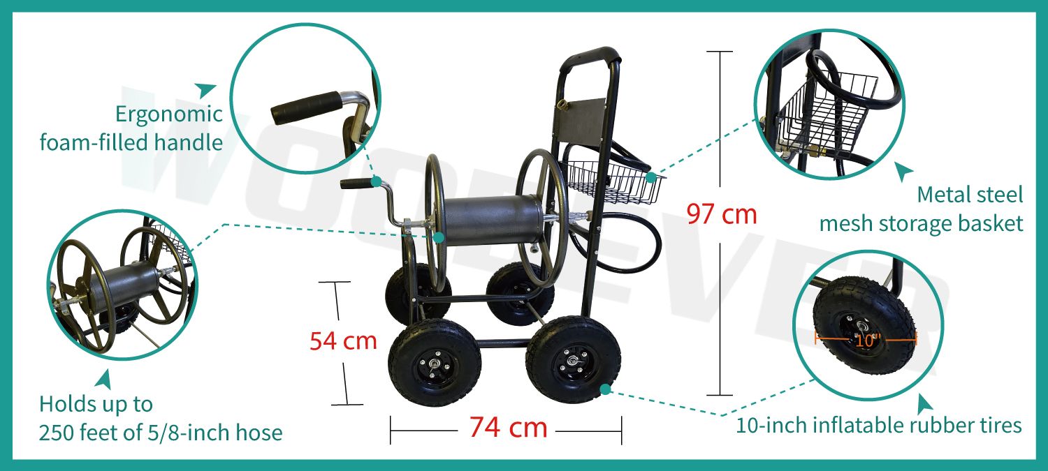 WOODEVER's manufacturing facility produces this multifunctional retractable garden hose cart, which features an ergonomic foam-filled handle and solid steel axle, with a metal mesh tool basket at the rear.