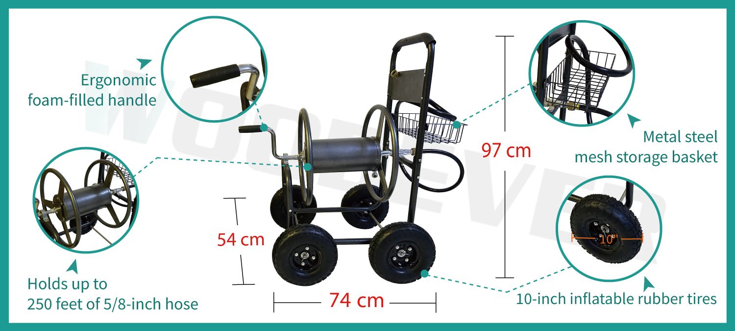 Lo stabilimento produttivo di WOODEVER produce questo carrello da giardino retrattile multifunzionale, che presenta un manico ergonomico riempito di schiuma e un asse in acciaio massiccio, con un cestino porta attrezzi in rete metallica nella parte posteriore.