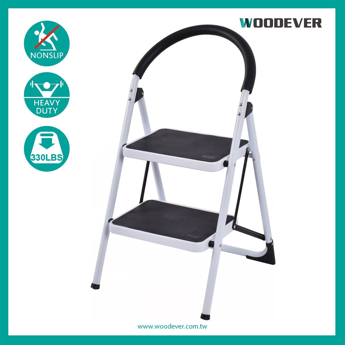 Sturdy, portable, and lightweight but capable of bearing heavy-duty tasks are the outstanding features of this steel folding step stool. This model is constructed from a 0.9 mm steel tube welded into a frame, providing stable support through the strong structure. The maximum load capacity that this model can bear is 150 kg (330 lbs), which is much higher than other small step stools with 2 steps in the same category