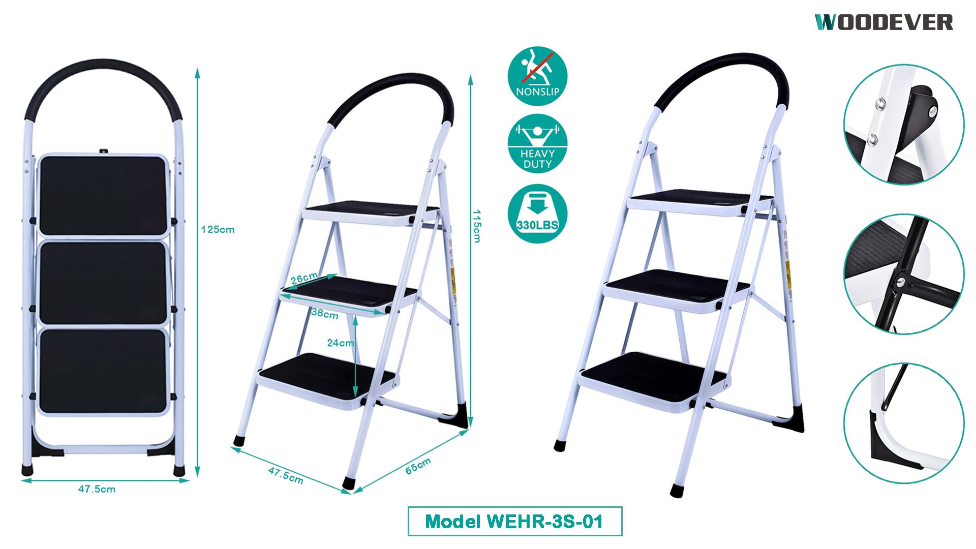 150kg capacity steel step ladder with X-shaped reinforcement strip