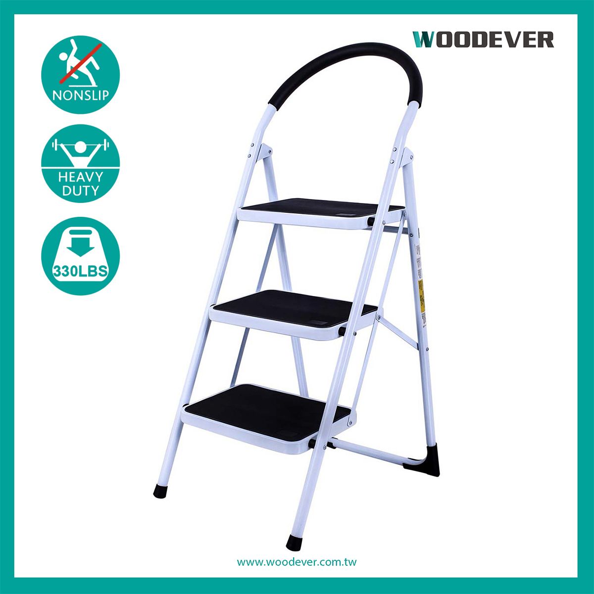 Escalera de acero con capacidad de 150 kg con refuerzo en forma de X. La mejor escalera plegable con tres escalones es la altura ideal para alcanzar objetos tanto en interiores como en exteriores, como en cocinas, ventanas de oficina, cuartos de almacenamiento y armarios.