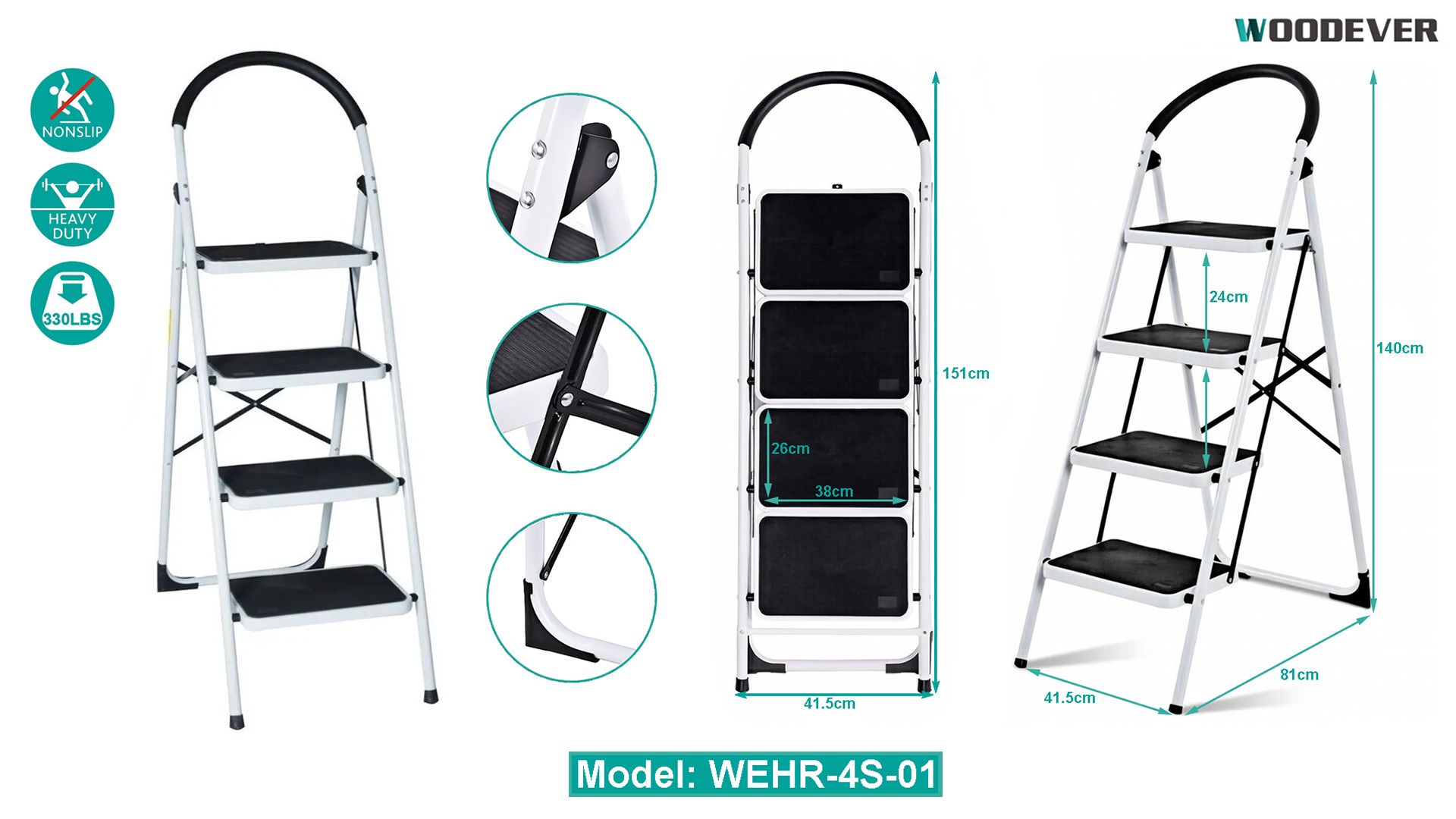 4 tiers step ladders stool with anti-slip handle, safety lock and extra wide pedals
