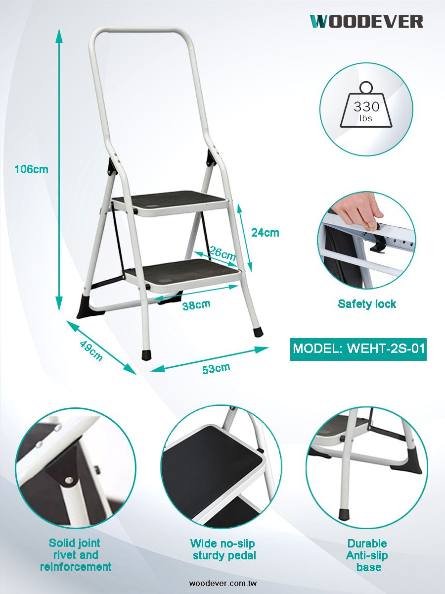 Escalera plegable de 2 peldaños con pasamanos alto - Escalón de acero de  150 kg (330 lbs) plegable con grandes pedales antideslizantes