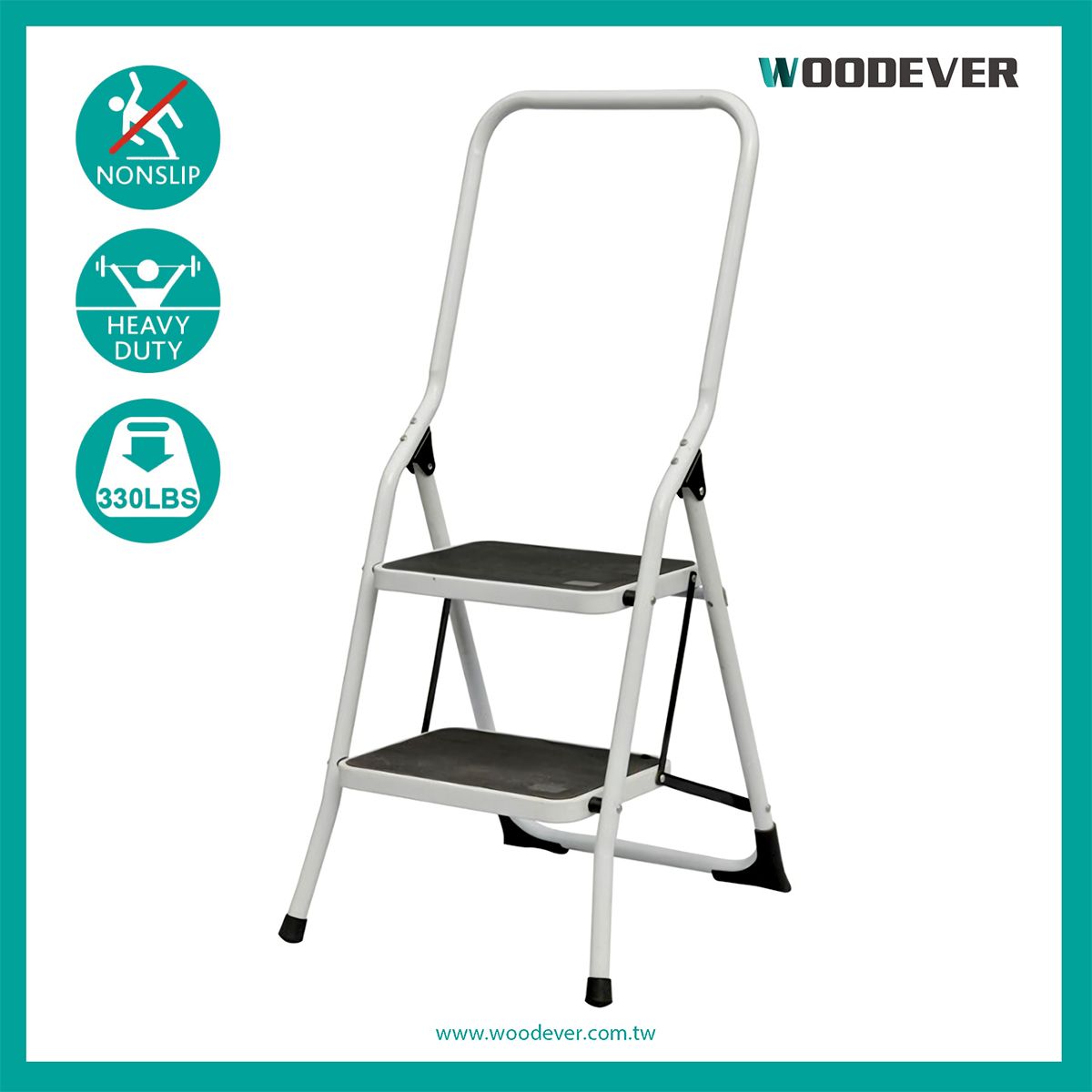 150 kg (330 lbs) steel step stool collapsible with large anti-slip pedals  Constructed from high-quality steel with a 0.9 mm tube thickness, this step stool is essential in design but impressive in its sturdy and stable features. 