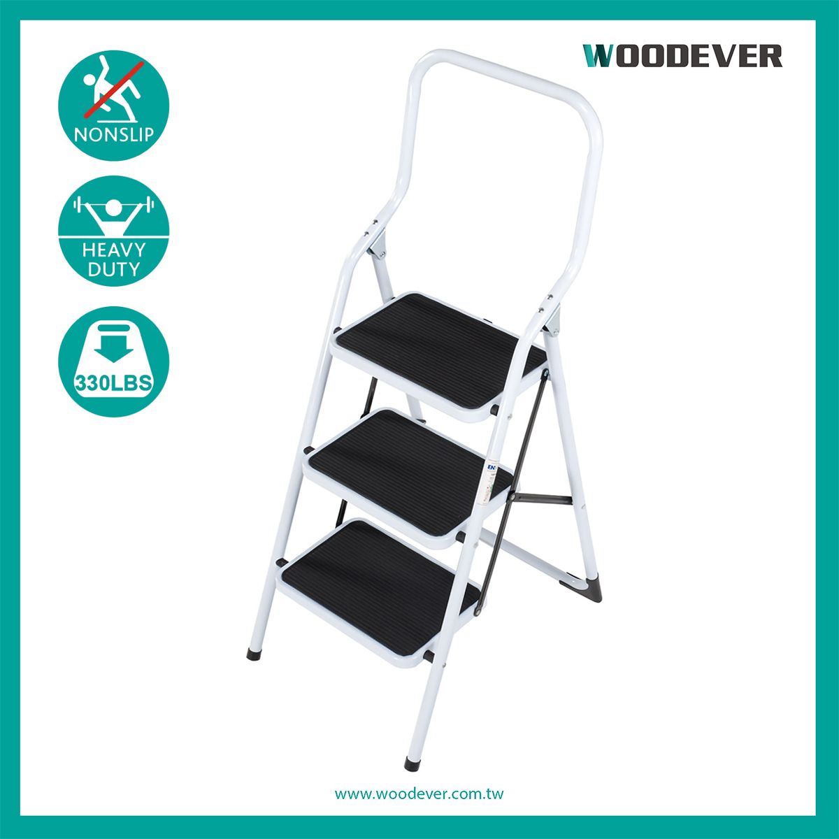 Opvouwbare ladder met 3 treden en een draagvermogen van 330 lbs, met extra hoge leuning.