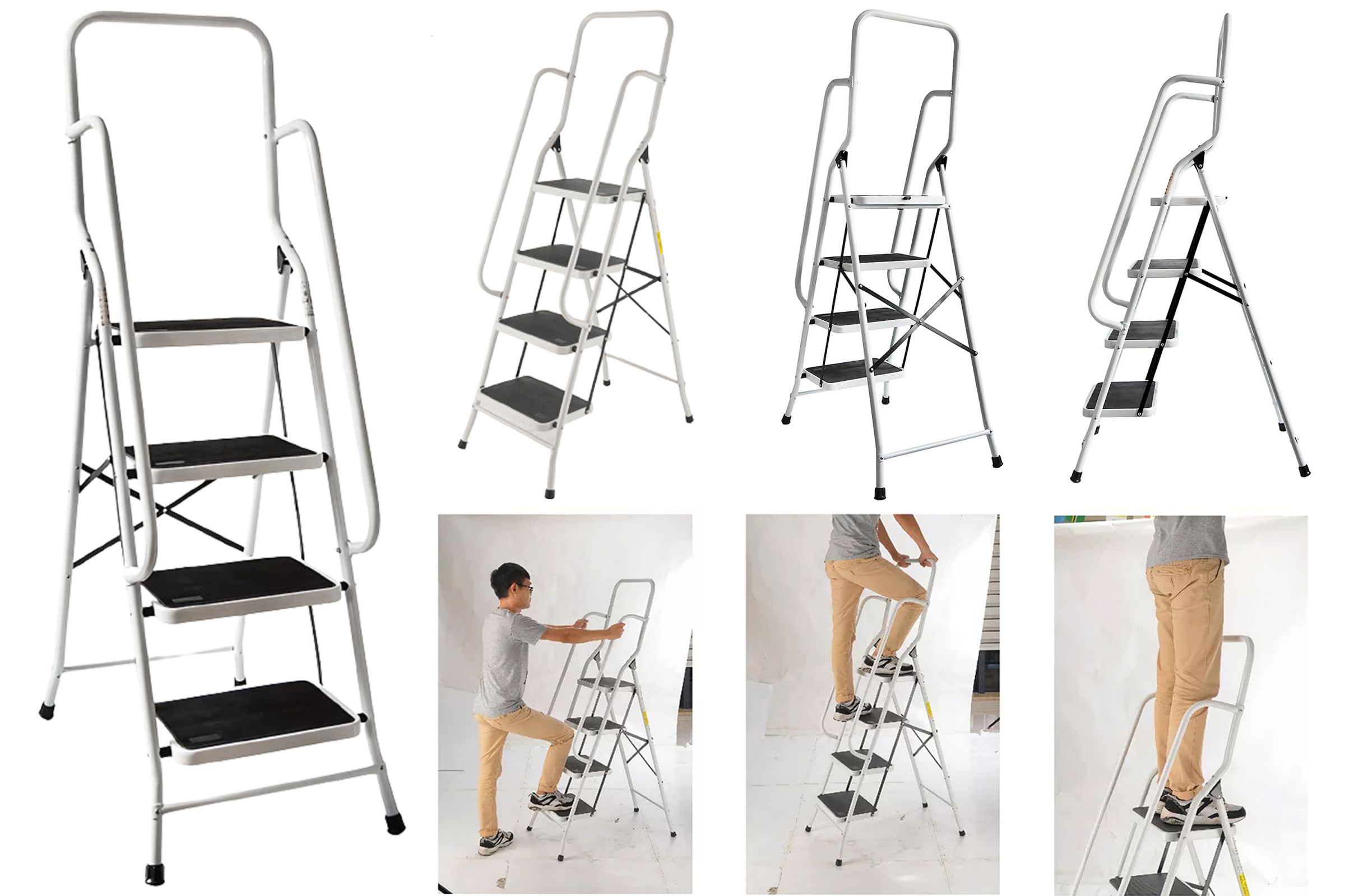 4 Steps Steel Folding Ladder With Safety Guard Handrails Loading 150 kg 330 lbs