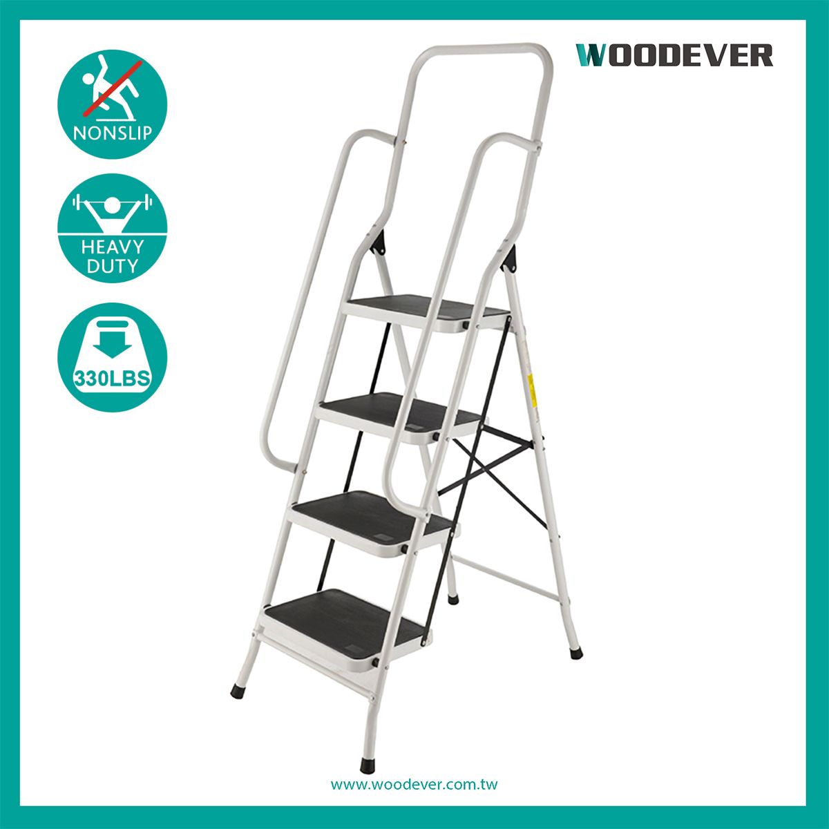 Opvouwbare stalen ladder met 4 treden en veiligheidsbeugel (belasting 150 kg).