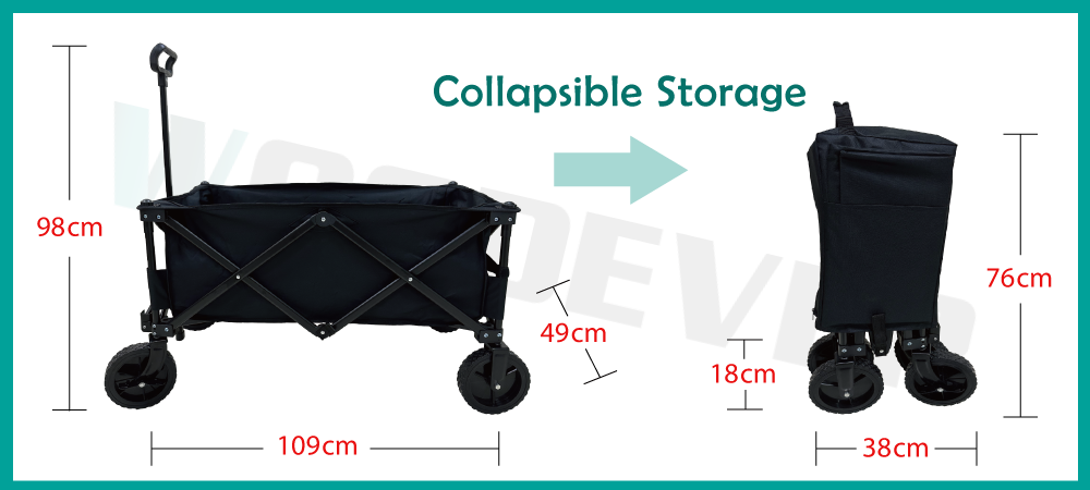 The size chart for WOODEVER wagon cart from WOODEVER Handcart Supplier illustrates its ability to fold into a compact form for storage in various narrow spaces.