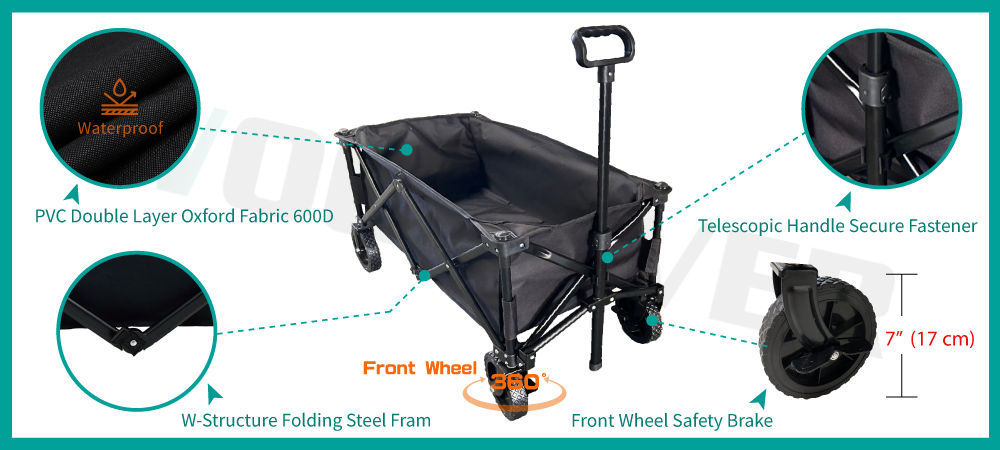 WOODEVER wagon cart features from WOODEVER Handcart Supplier include the use of PVC Oxford fabric with waterproof functionality. The handcart handle is equipped with a stabilizer to securely fasten, and the wheels are made of PVC silent material, providing 360-degree free rotation and excellent maneuverability.